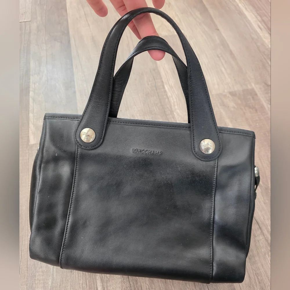 Longchamp Black Leather Handbag Tote Satchel Y2K Business Designer Bag Witchy